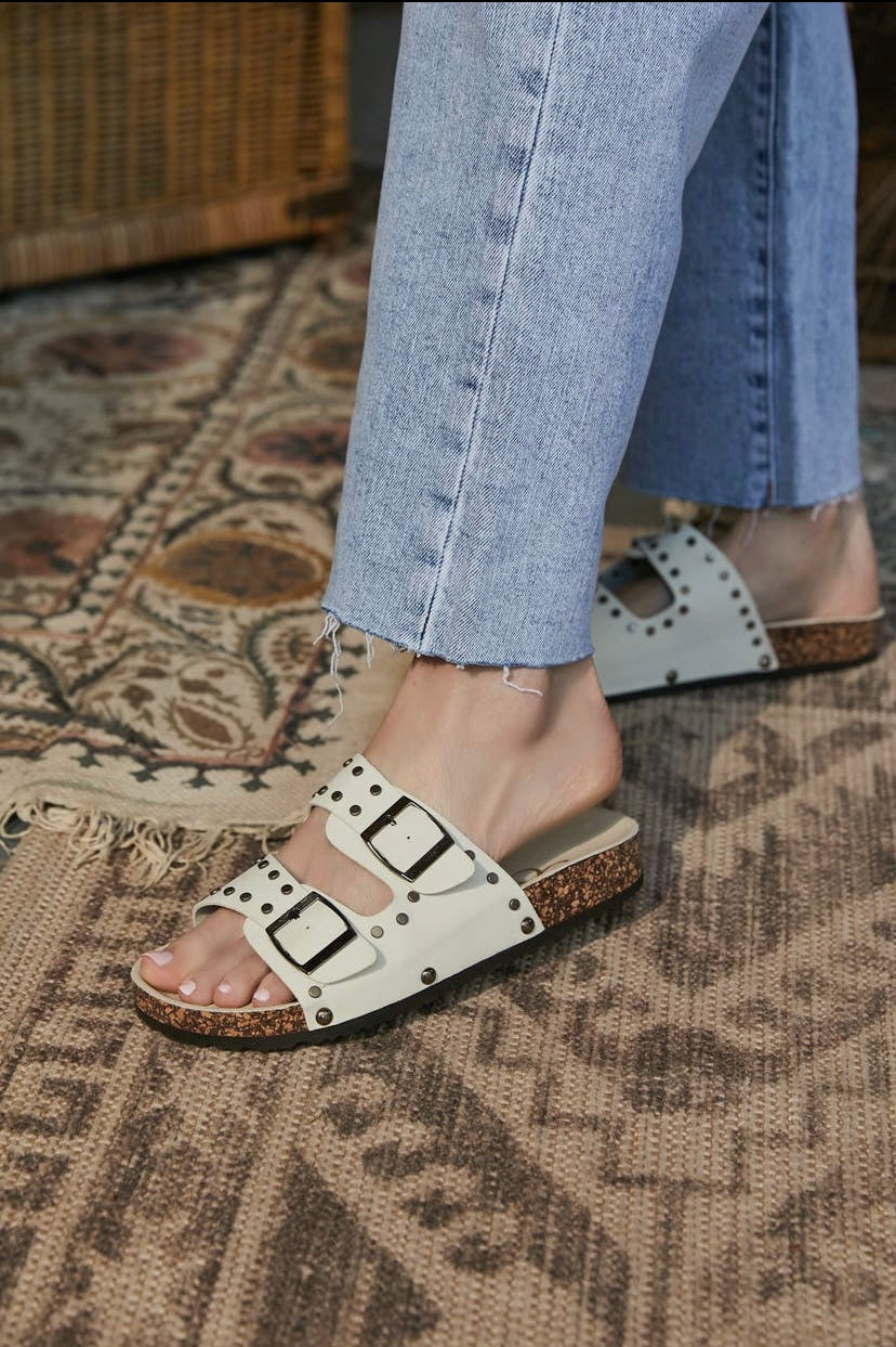 White Round Stud Slide-on Sandals