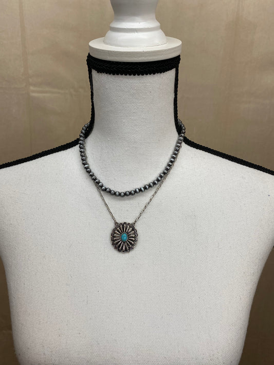 Layered Navajo Pearl Necklace with Concho