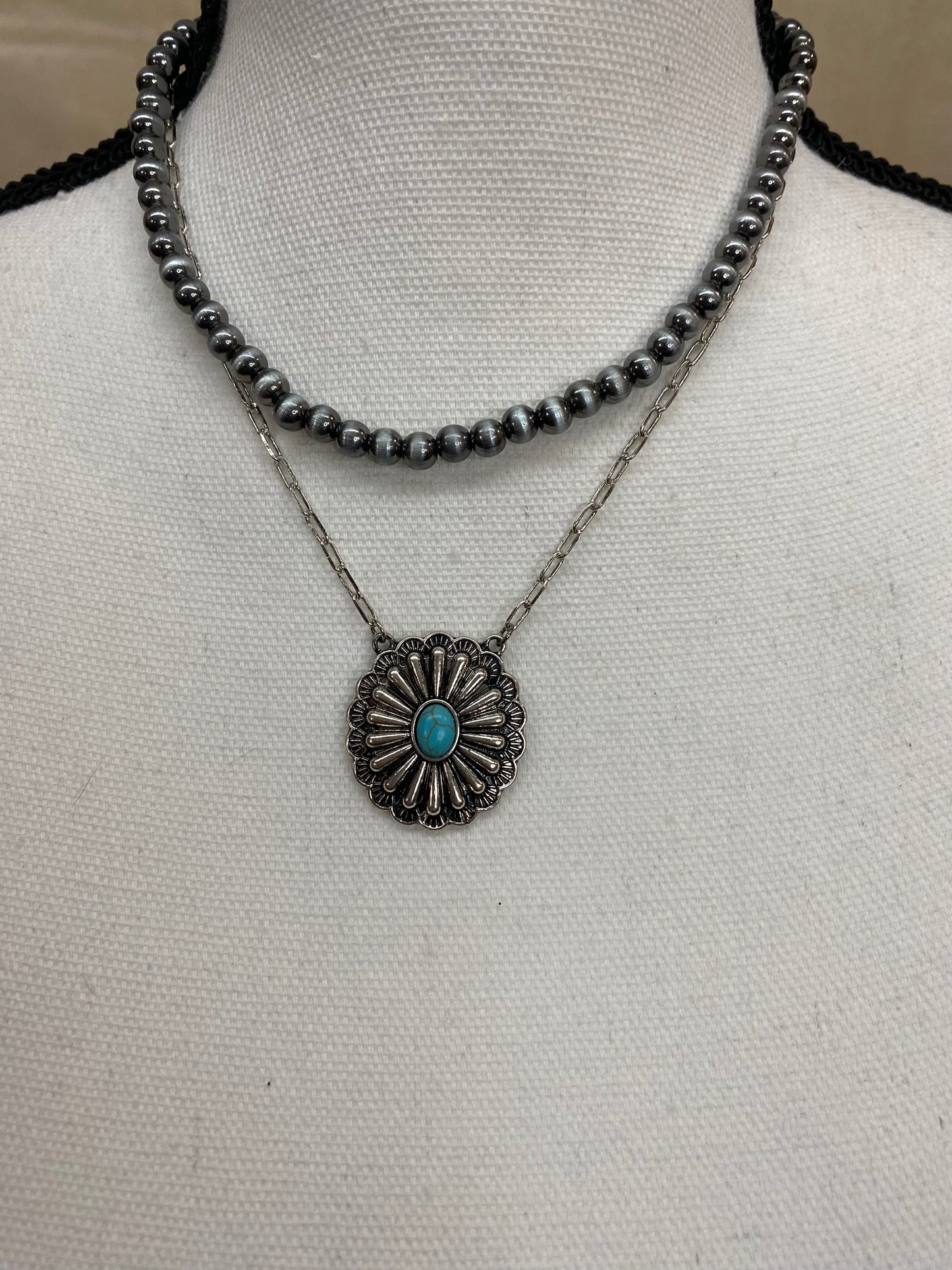 Layered Navajo Pearl Necklace with Concho