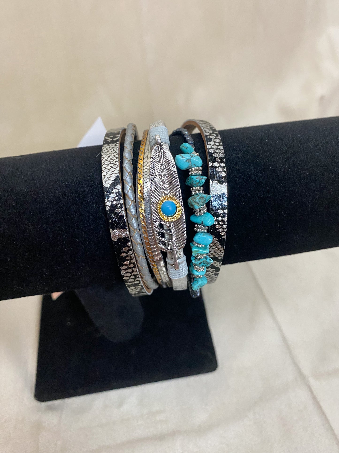 Black and Silver Wrap Bracelet with Turquoise Stones