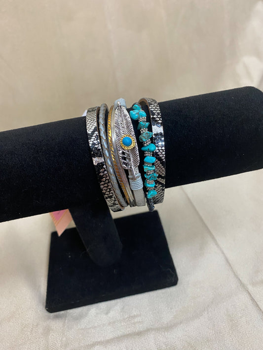 Black and Silver Wrap Bracelet with Turquoise Stones