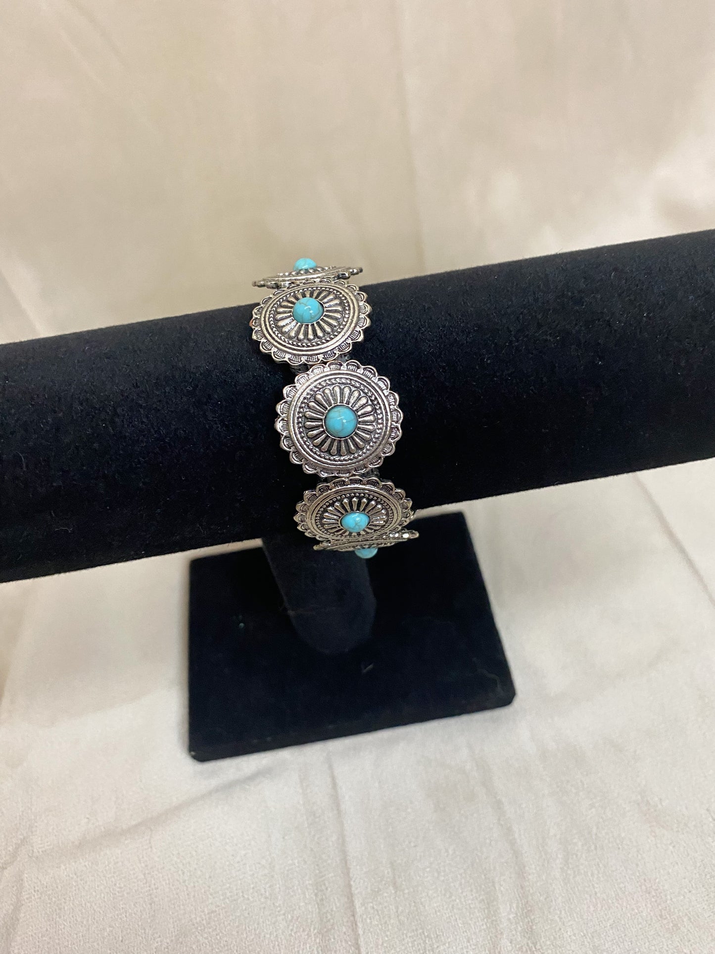 Silver Elastic Concho Bracelet with Turquoise